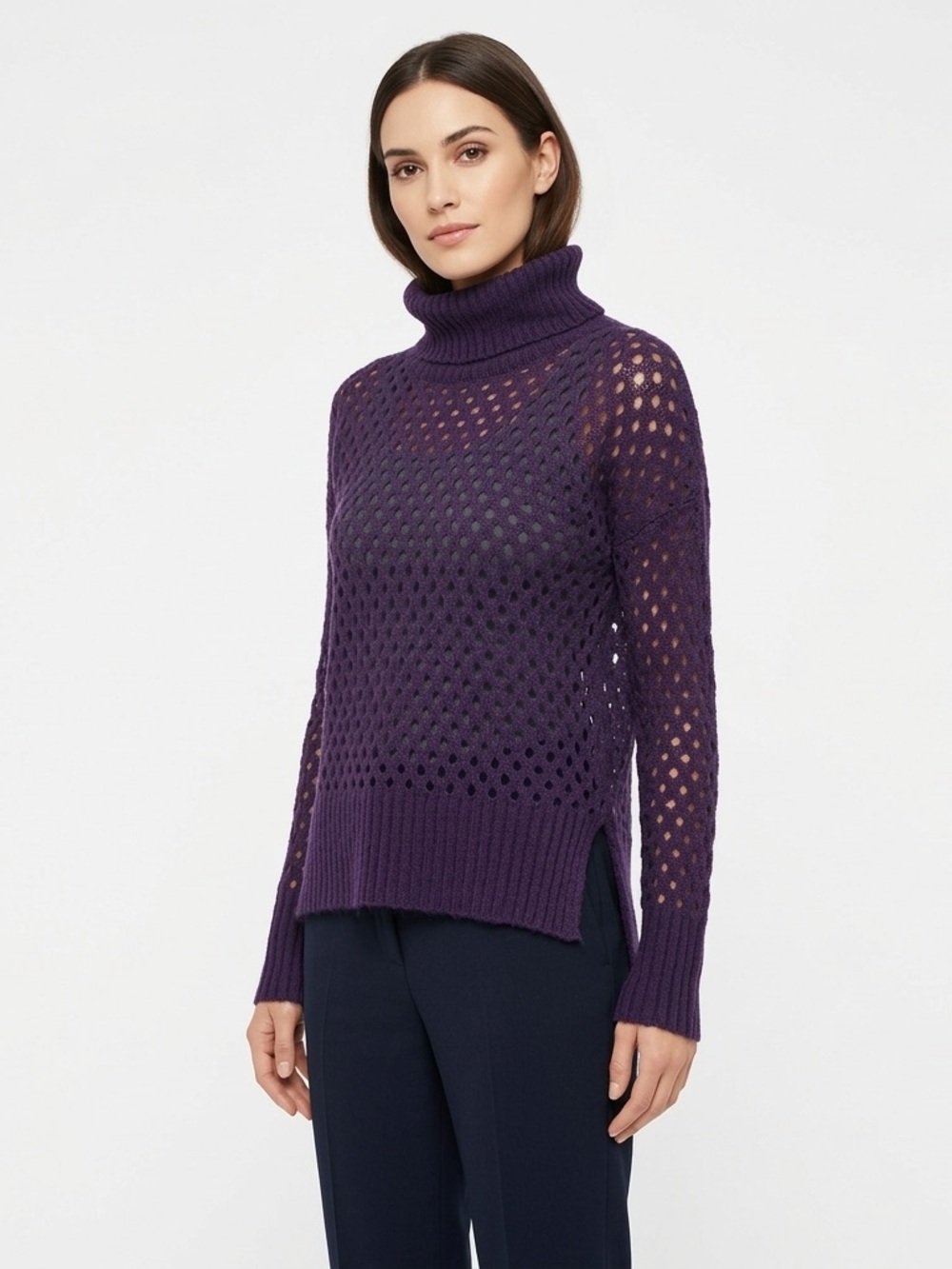 Press Women’s Mohair Turtleneck Open Knit Sweater Purple Size S